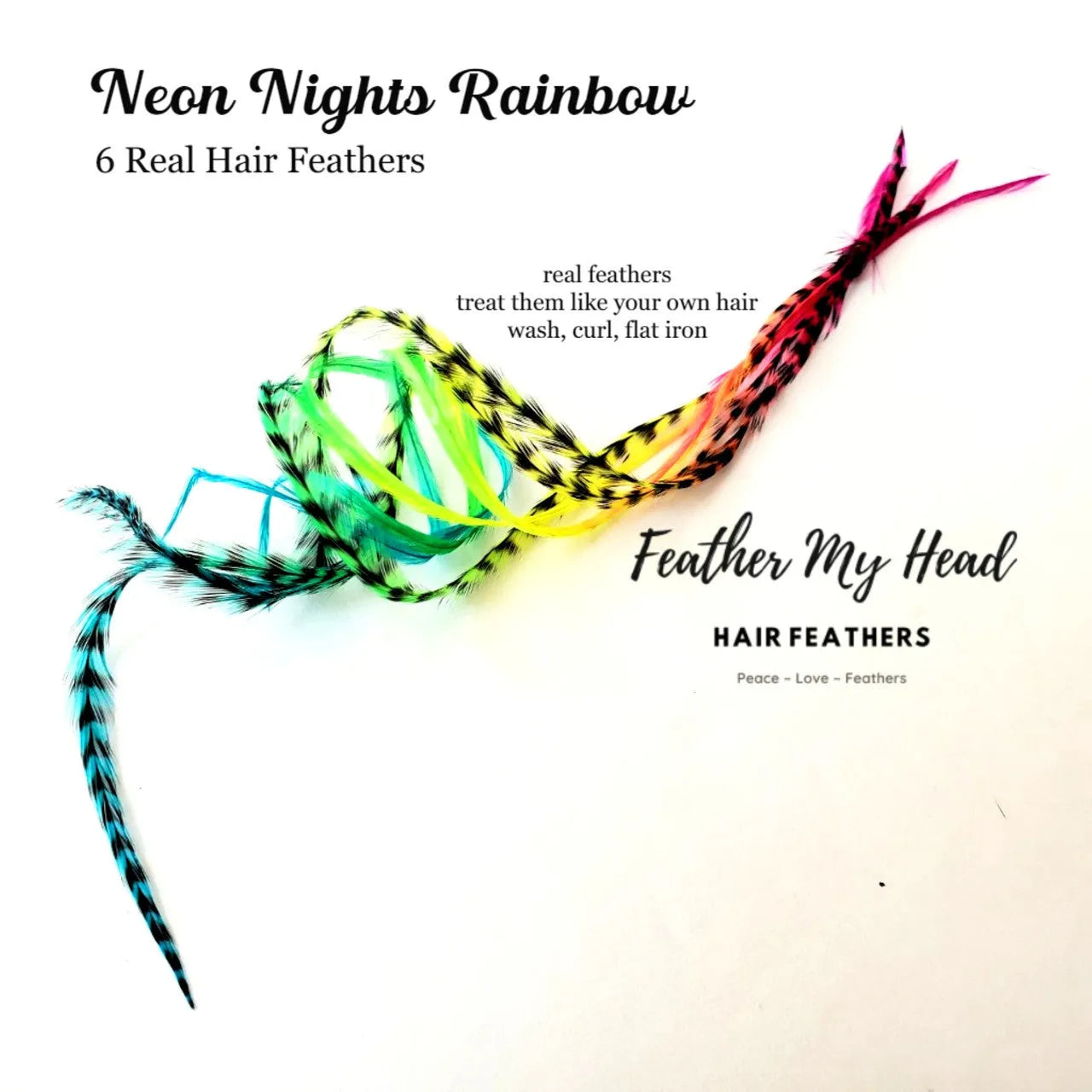 This Neon Nights design has been hand dyed on premium grade hair feathers in a multiple colors  for a rainbow - tie dye effect in shades of pink, orange, yellow, green and blue colors.