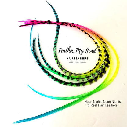 This Neon Nights design has been hand dyed on premium grade hair feathers in a multiple colors  for a rainbow - tie dye effect in shades of pink, orange, yellow, green and blue colors.