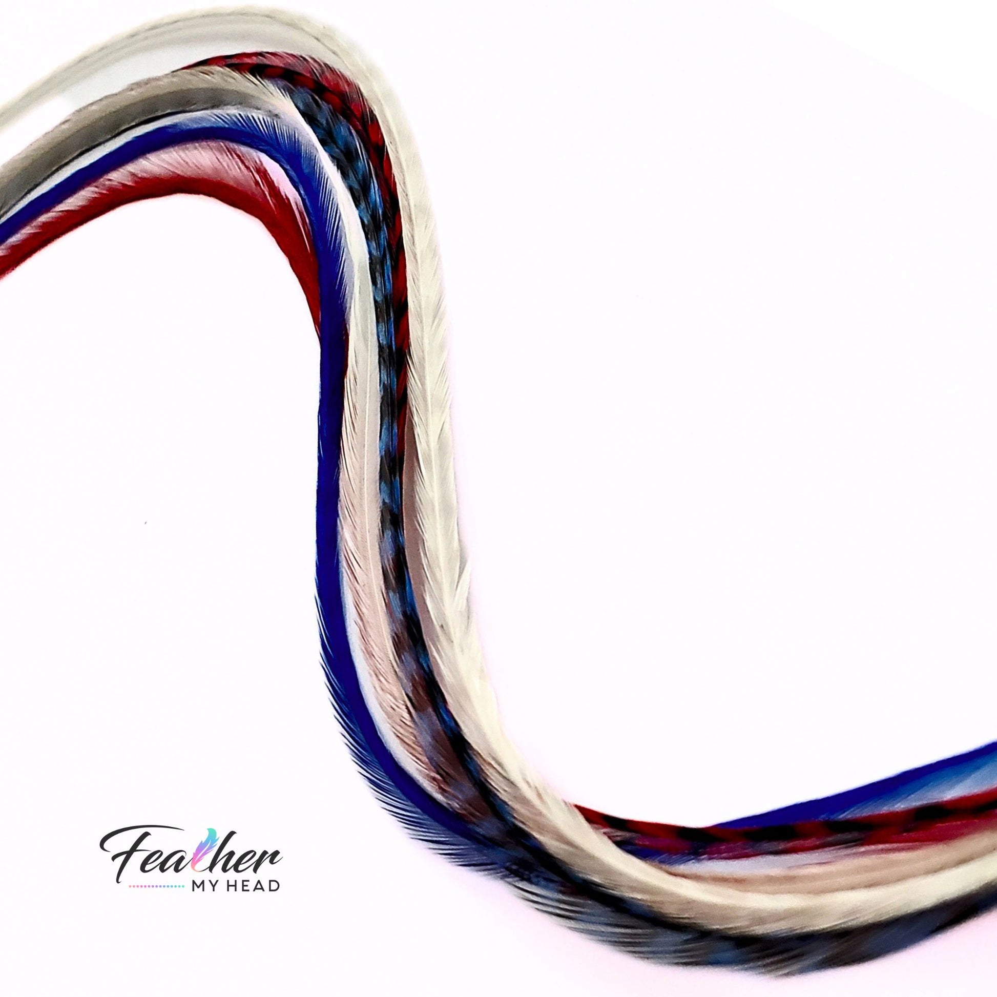 Red white and blue feather hair extensions in braid, patriotic festival hair