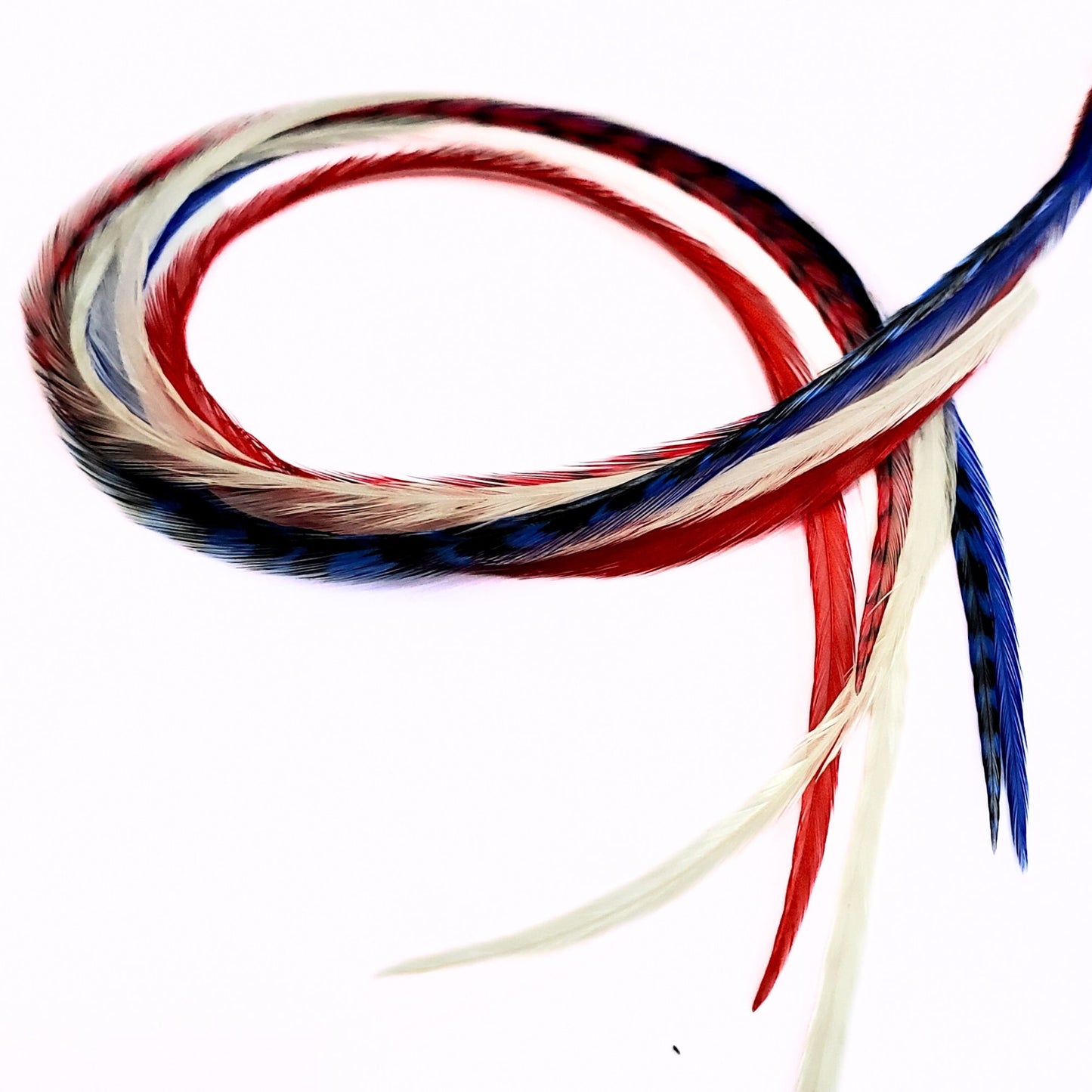 Red, white and blue feather hair extensions set, extra long hand dyed rooster feathers