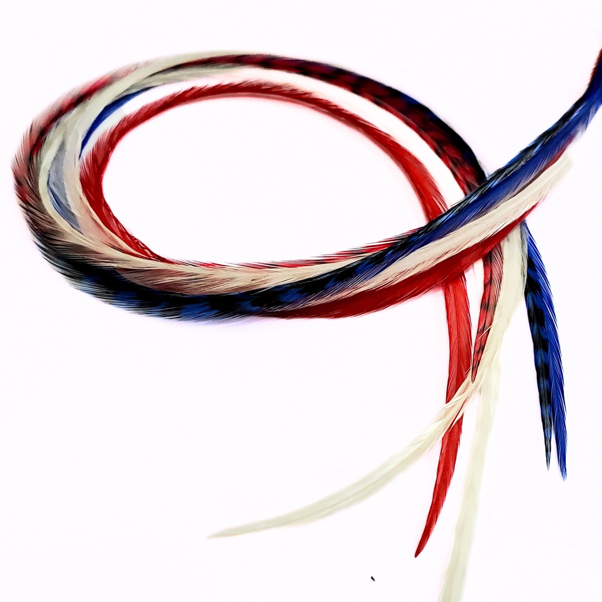 Red, white and blue feather hair extensions set, extra long hand dyed rooster feathers