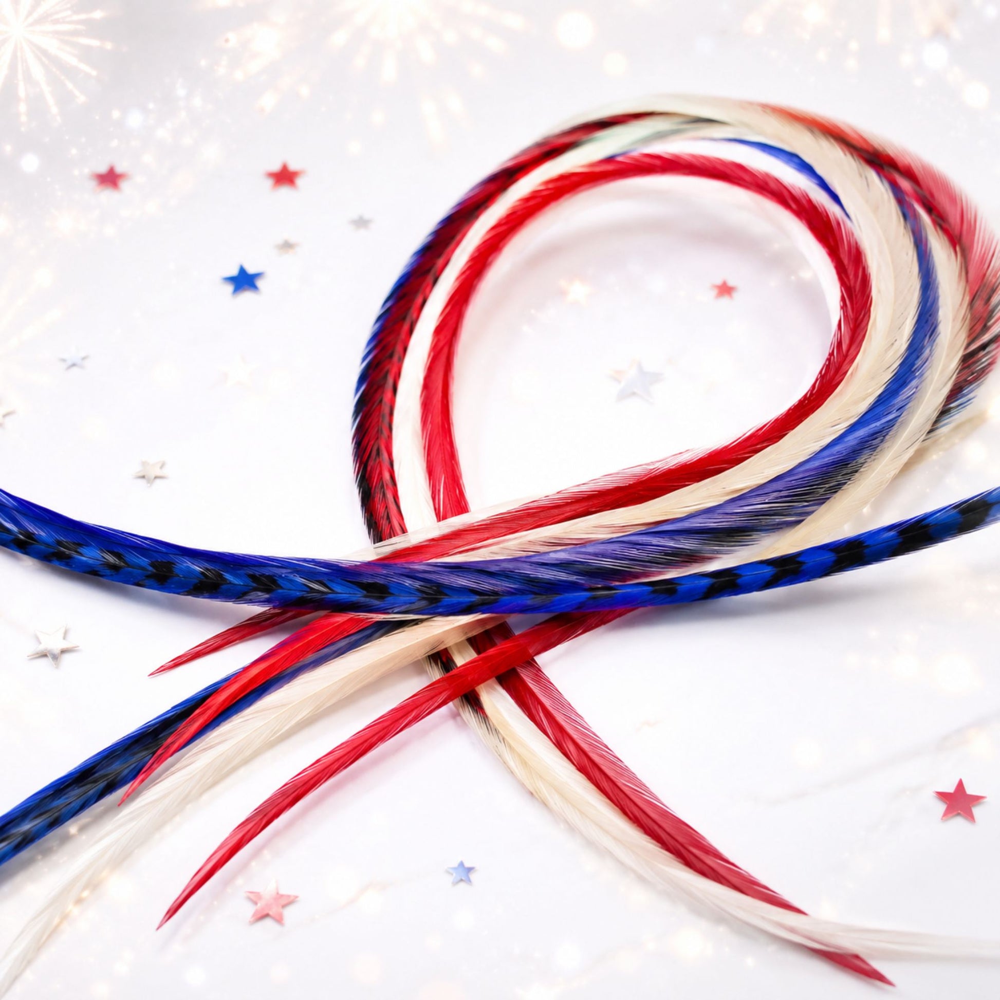 Red white and blue hair feathers, 6 piece set, lightweight reusable feather extensions