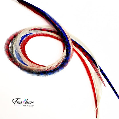 Red white and blue hair feathers, 16 piece set, extra long heat safe hair feathers