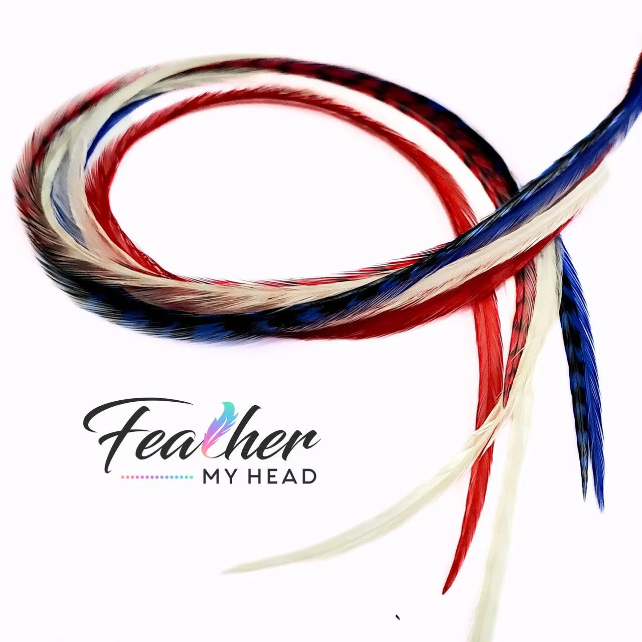 Red, White and Blue hair feathers - feather hair extensions. 6 real rooster feathers with optional feather kit