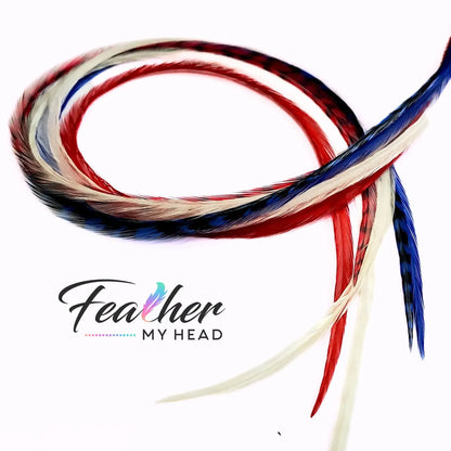 Red, White and Blue hair feathers - feather hair extensions. 6 real rooster feathers with optional feather kit