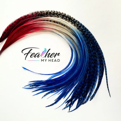 red, white and blue hair feathers - feather hair extensions. Hair Accessory for 4th of July