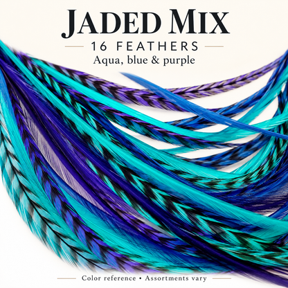 JADED MIX — 16 feathers; Aqua, blue & purple. Color reference; assortments vary.