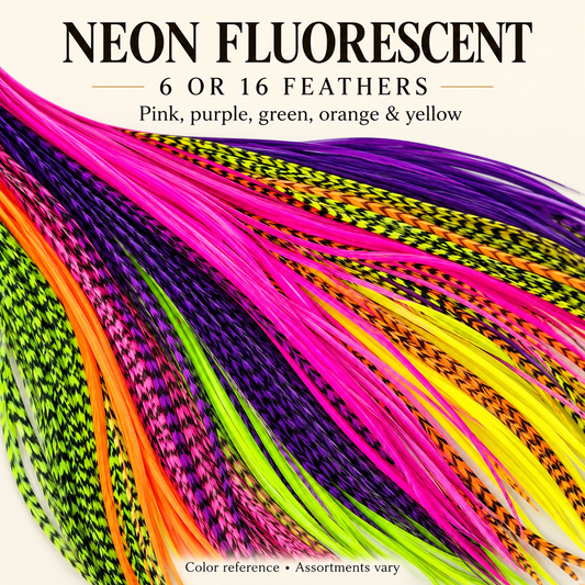 NEON FLUORESCENT — 6 or 16 feathers; Pink, purple, green, orange & yellow. Color reference; assortments vary.