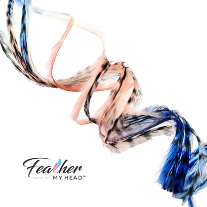 feather hair extensions in beach wave hairstyle blue coral ombre tones