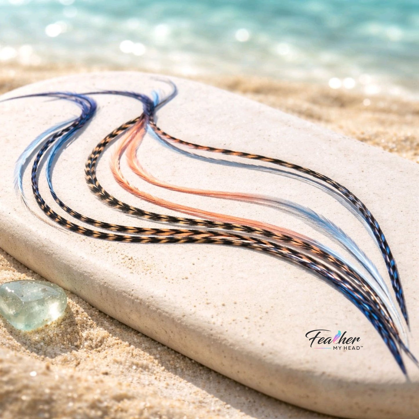 sandy beaches ombre feather hair extensions blue coral pink peach coastal blend