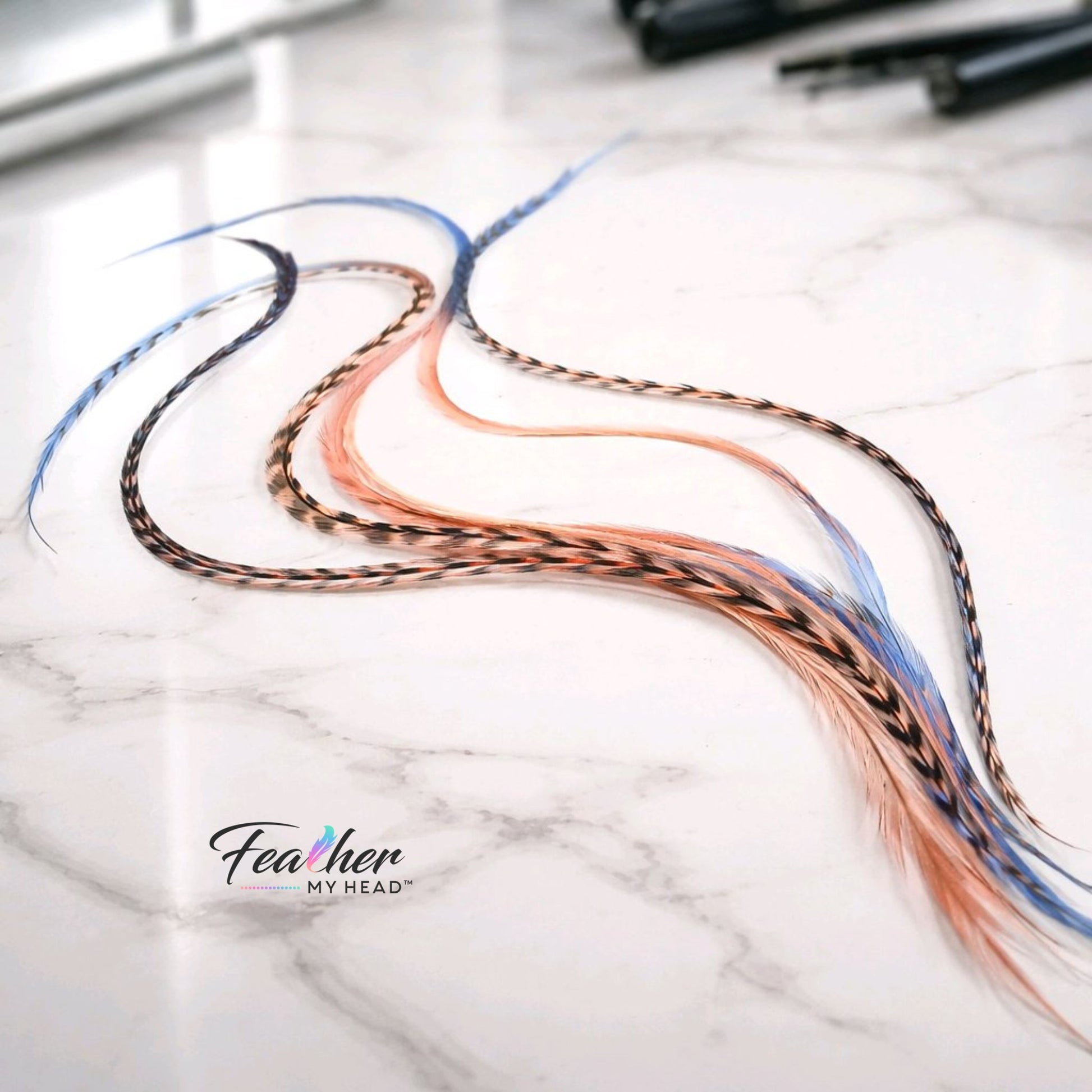feather hair extensions blue coral ombre in salon setting