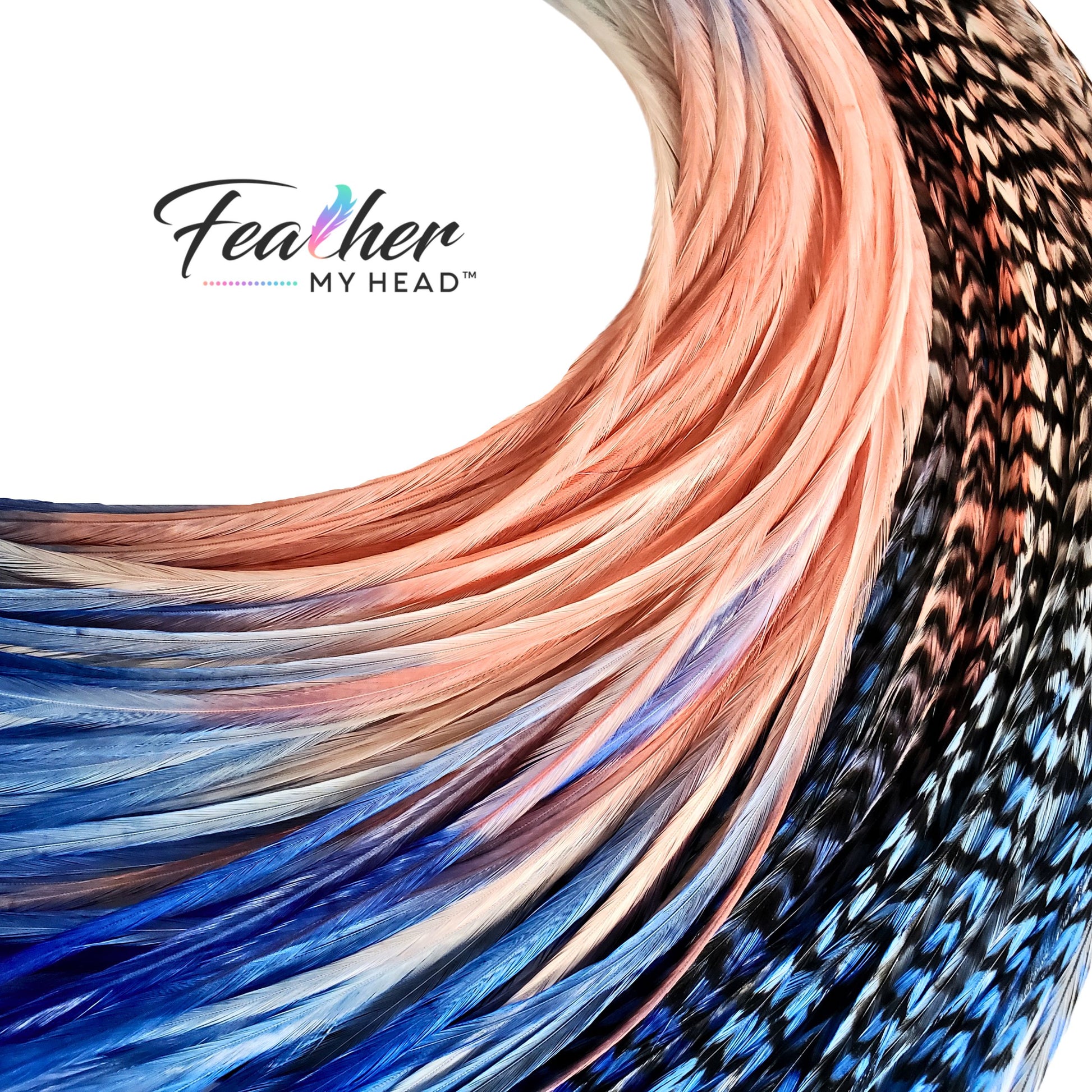 close up feather hair extensions blue coral pink peach tones