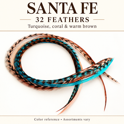 Santa Fe — 32 feathers; Turquoise, coral & warm brown. Color reference; assortments vary.