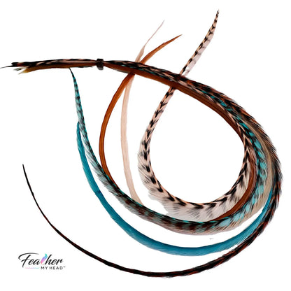 Santa Fe feather hair extensions arranged in a turquoise, coral, and brown feather mix.