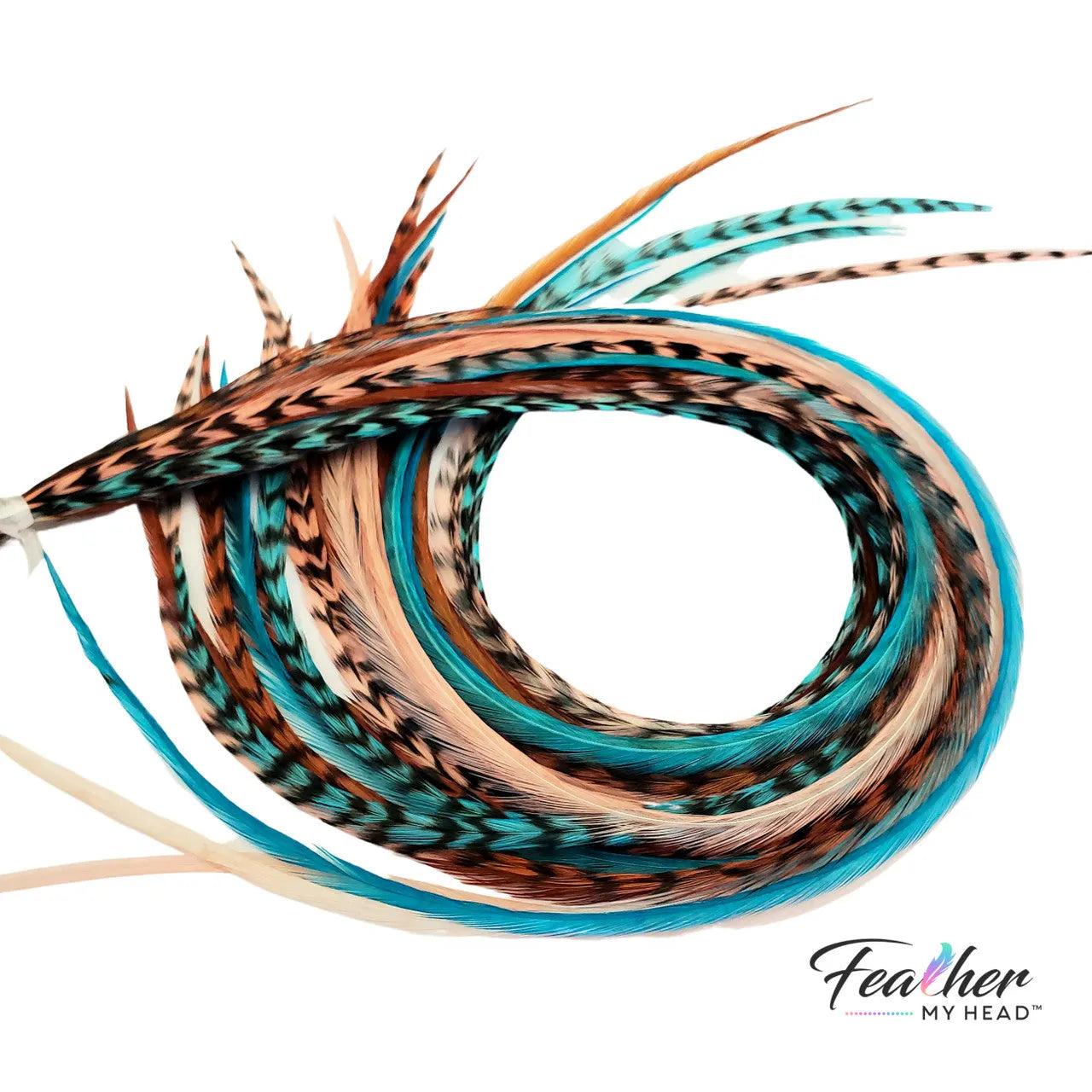 Santa Fe feather hair extension mix featuring turquoise, coral, brown, and speckled rooster feathers.