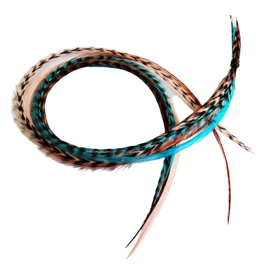 Santa Fe feather hair extensions with turquoise, coral, and brown rooster feathers.