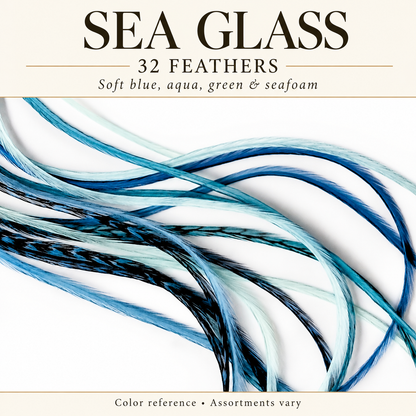 Sea Glass — 32 feathers; Soft blue, aqua, green & seafoam. Color reference; assortments vary.