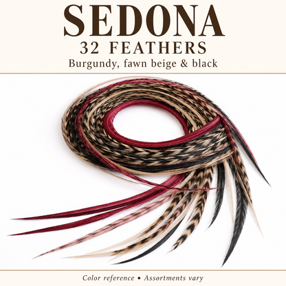 Sedona — 32 feathers; Burgundy, fawn beige & black. Color reference; assortments vary.