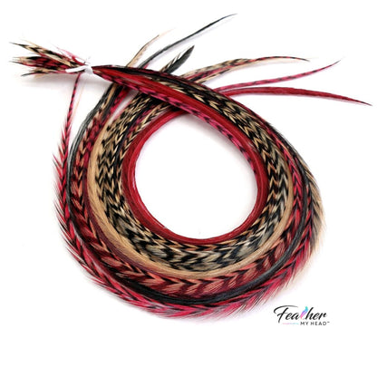 Close-up of Sedona feather hair extensions highlighting burgundy and red rooster feather details.
