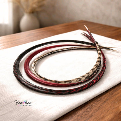 Sedona feather hair extension mix featuring deep red, burgundy, black, and brown rooster feathers.