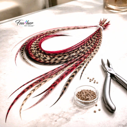 Sedona feather hair extensions with earthy red and brown feather colors.