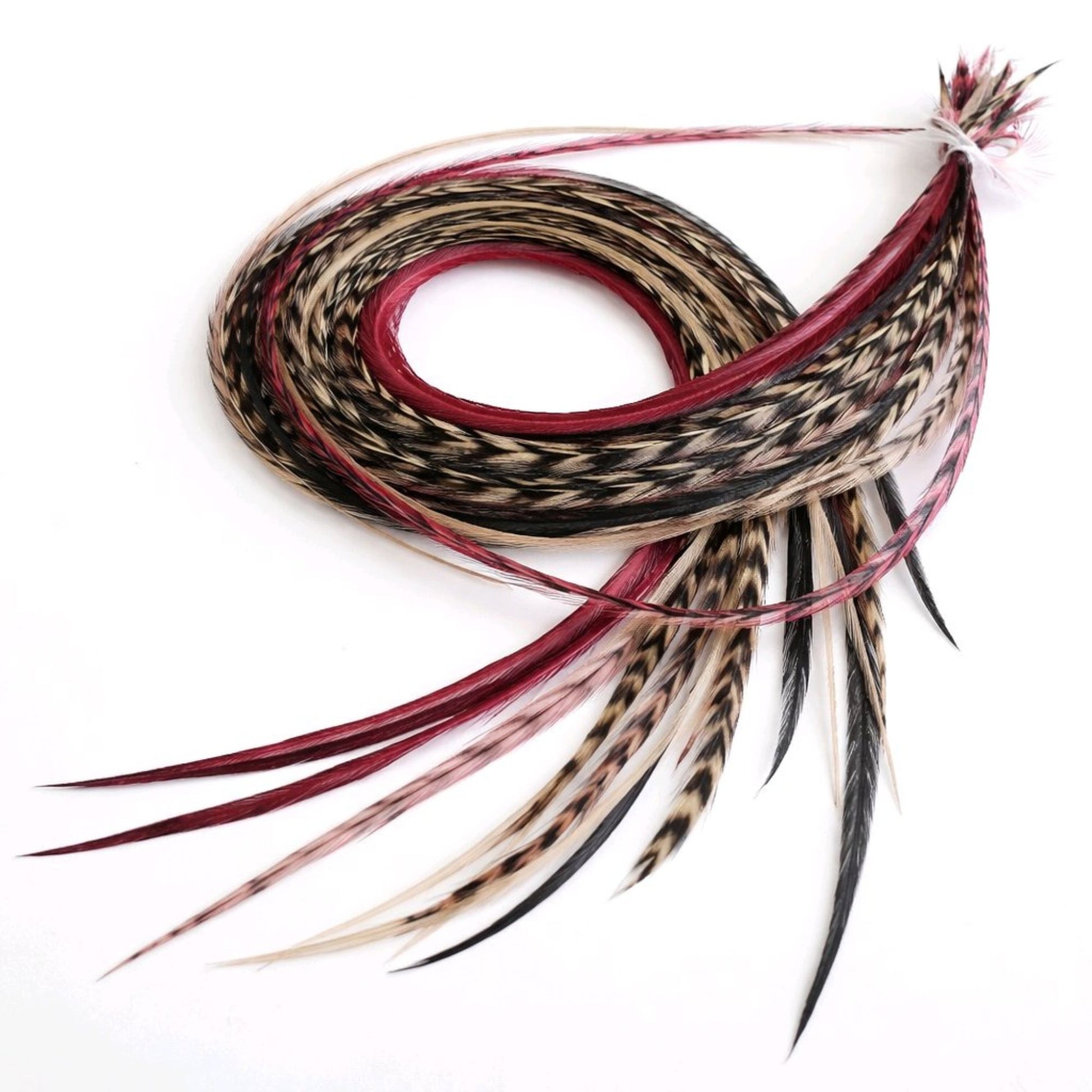 Sedona feather hair extensions with red, burgundy, black, and brown rooster feathers.