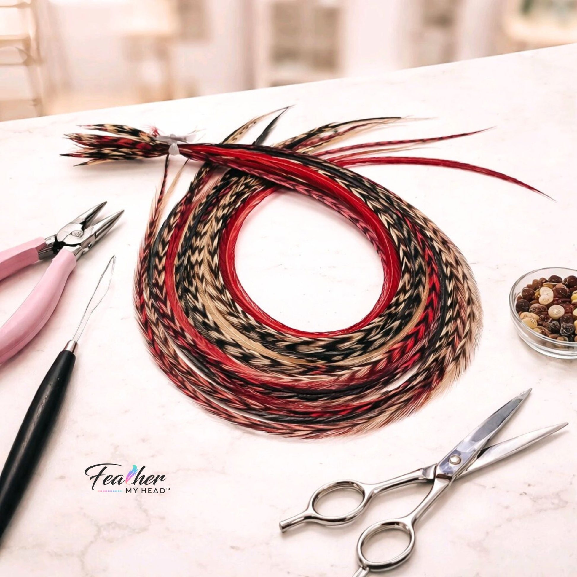 Sedona feather hair extensions with earthy red and brown feather colors.