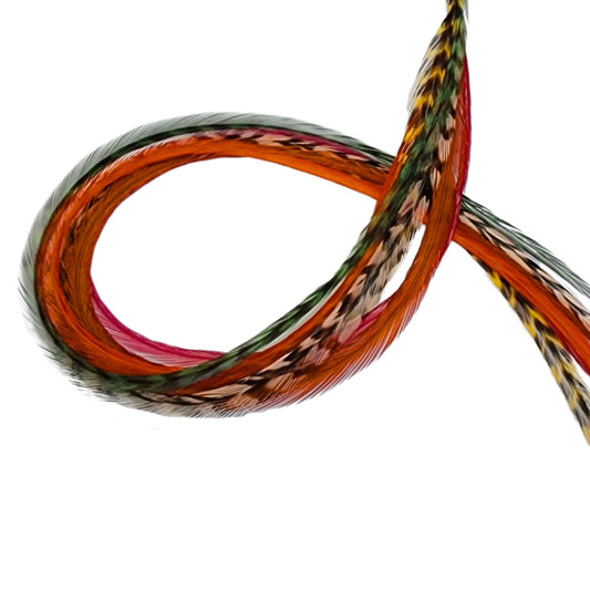 Sherwood Forest hair feather bundle with earthy green, rust, copper, and natural patterned feather hair extensions on a white background