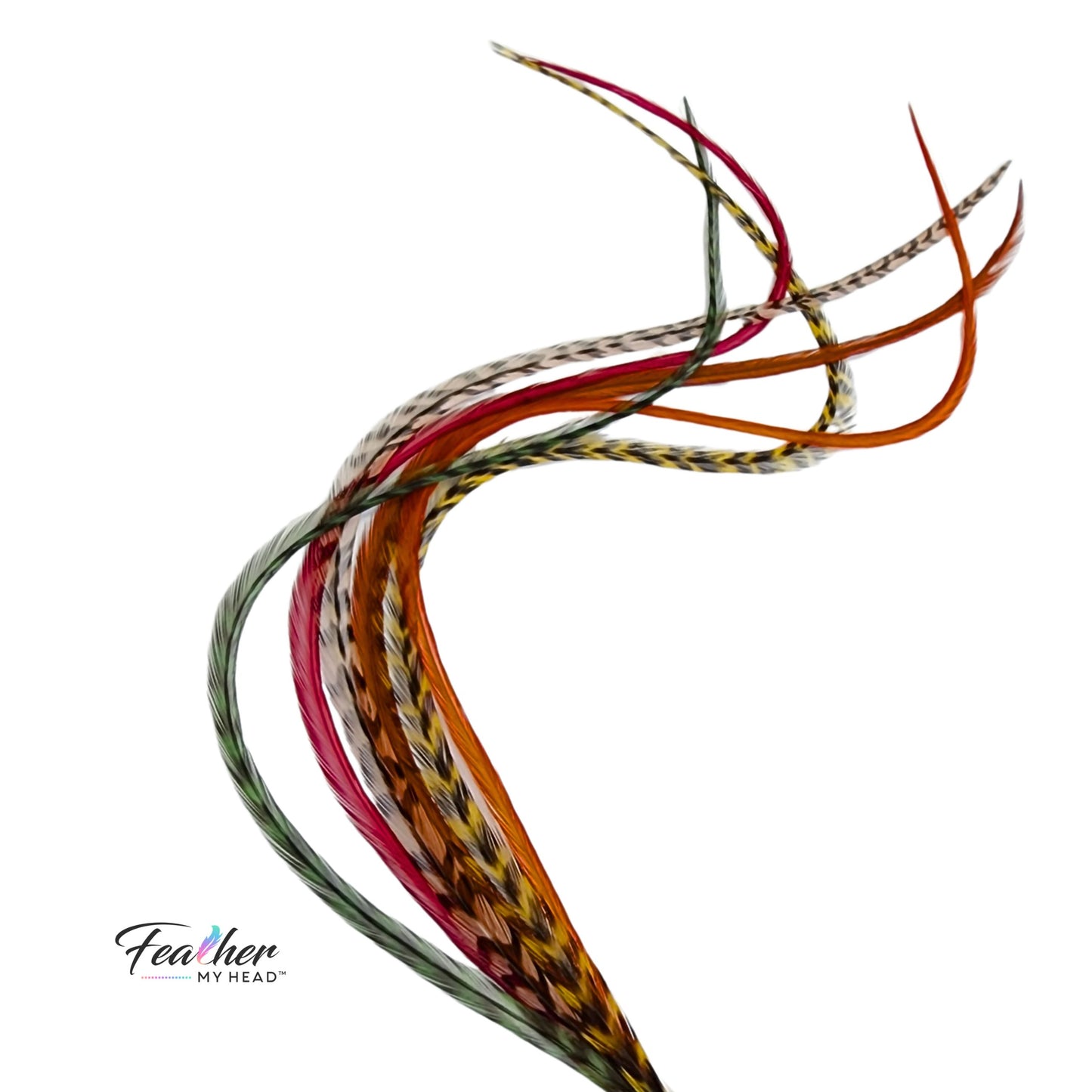 Sherwood Forest feather hair bundle with earthy woodland tones including moss green, copper, brown, and natural patterns on a white background