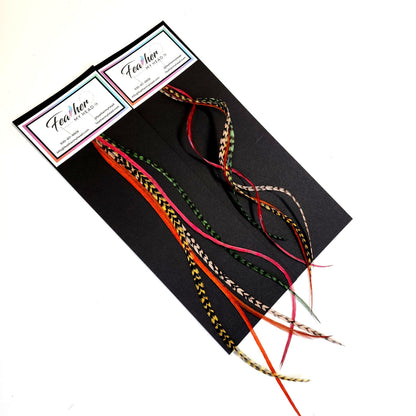 Sherwood Forest hair feather bundle packaging with earthy green, copper, brown, and natural patterned feather hair extensions