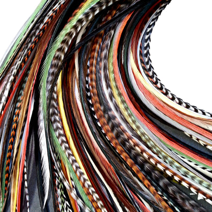 Close-up of Sherwood Forest feather hair extensions showing earthy green, copper, brown, and natural patterned feather details