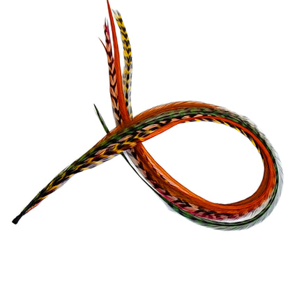 Sherwood Forest feather hair extensions showing long earthy green, copper, brown, and natural patterned feathers with tapered ends
