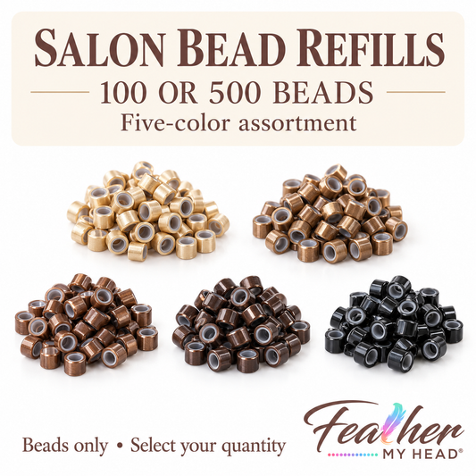 Five colors of silicone-lined metal feather extension beads, available in 100- or 500-bead packs.