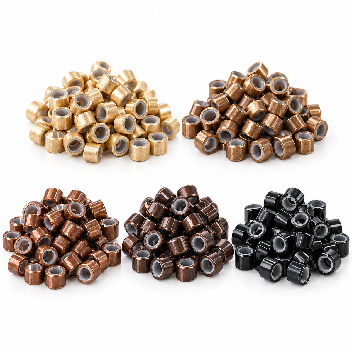 Five colors of silicone-lined metal microbeads for feather hair extension installation.