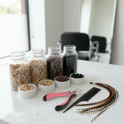 Jars of various materials on a table with tools and decorative elements.