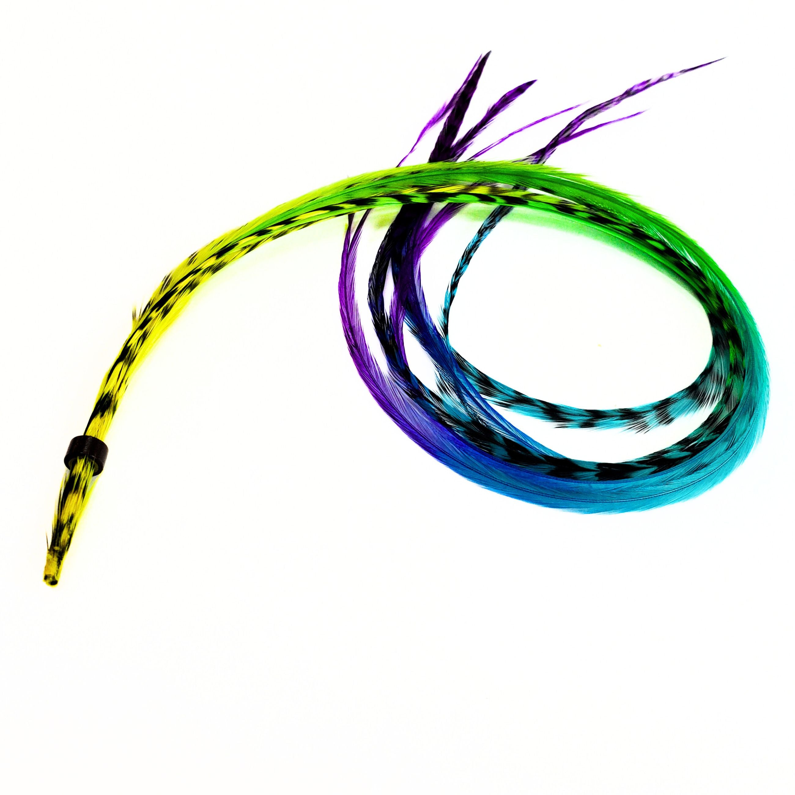 Blue green and purple feather hair extensions with striped ombre detail