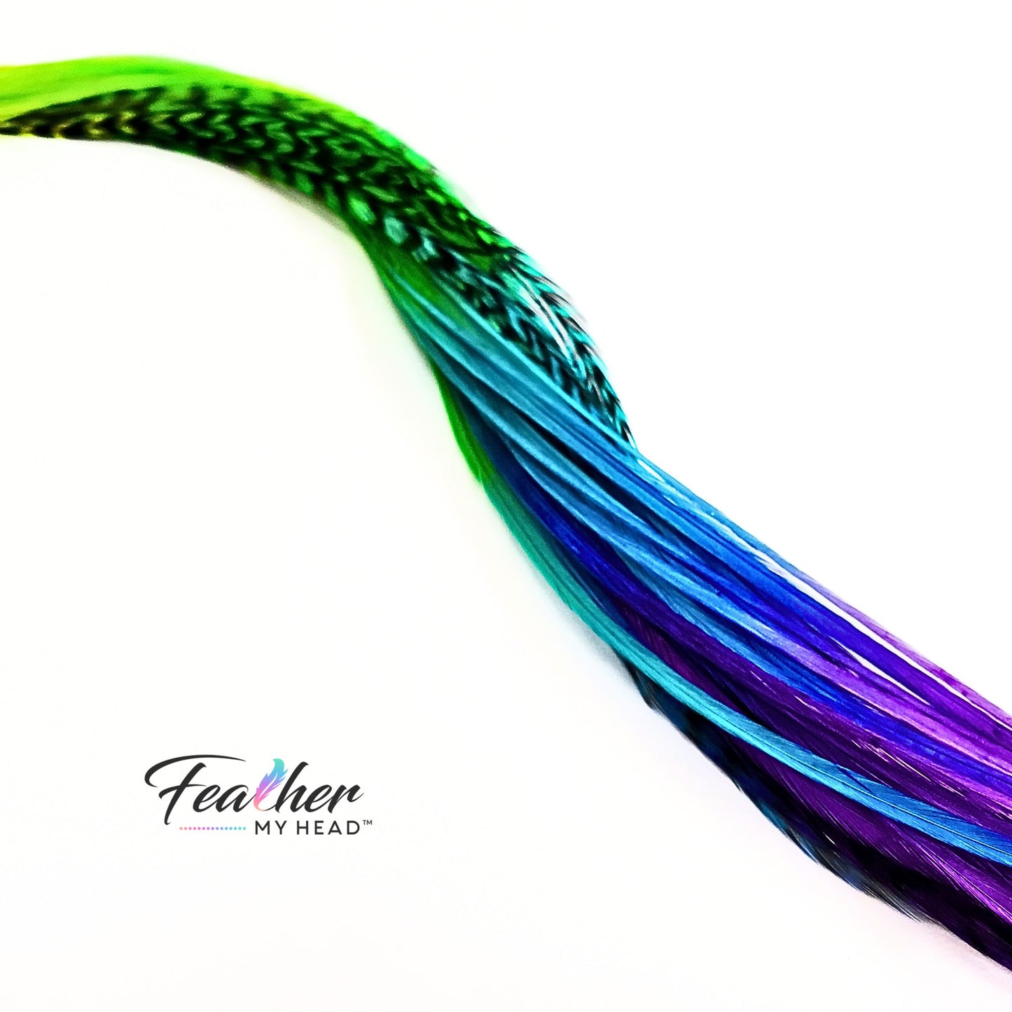 Long blue green and purple feather hair extension with striped detailing