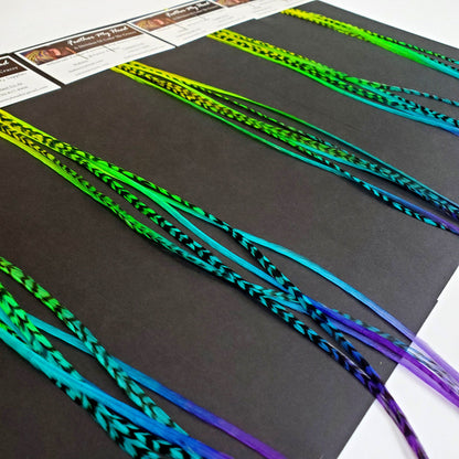 Long blue green and purple feather hair extension with striped detailing