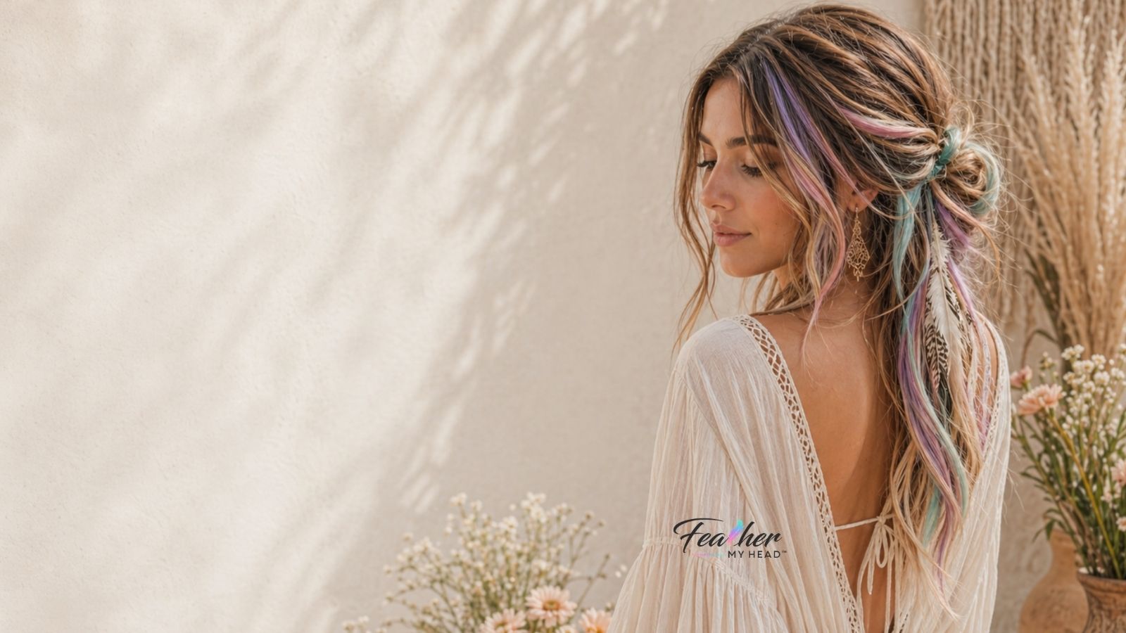 Boho spring collection hero banner with soft pastel feather hair extensions styled into a loose bun and natural waves against a warm neutral floral backdrop