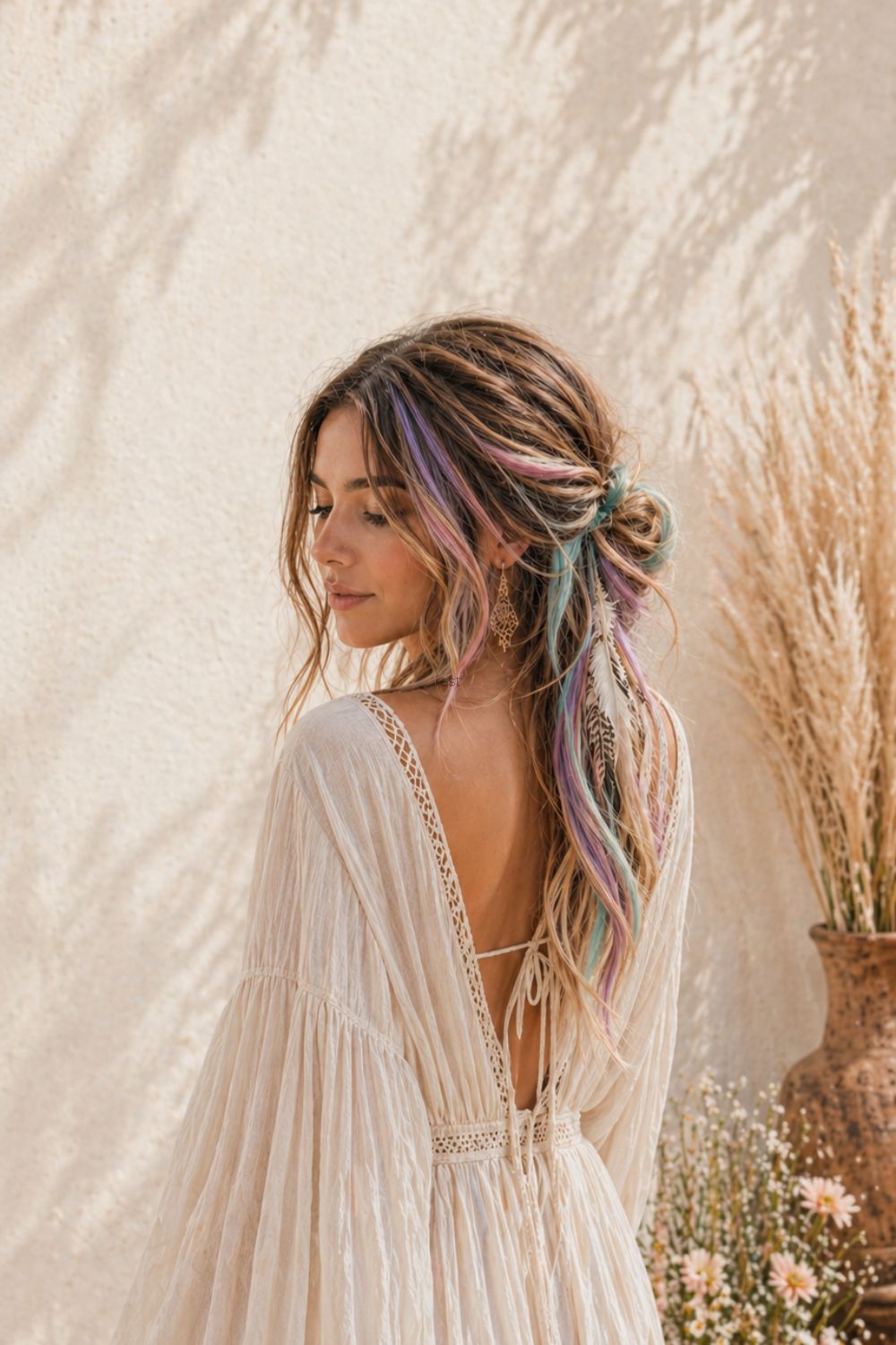 Boho spring collection hero banner with soft pastel feather hair extensions styled into a loose bun and natural waves against a warm neutral floral backdrop
