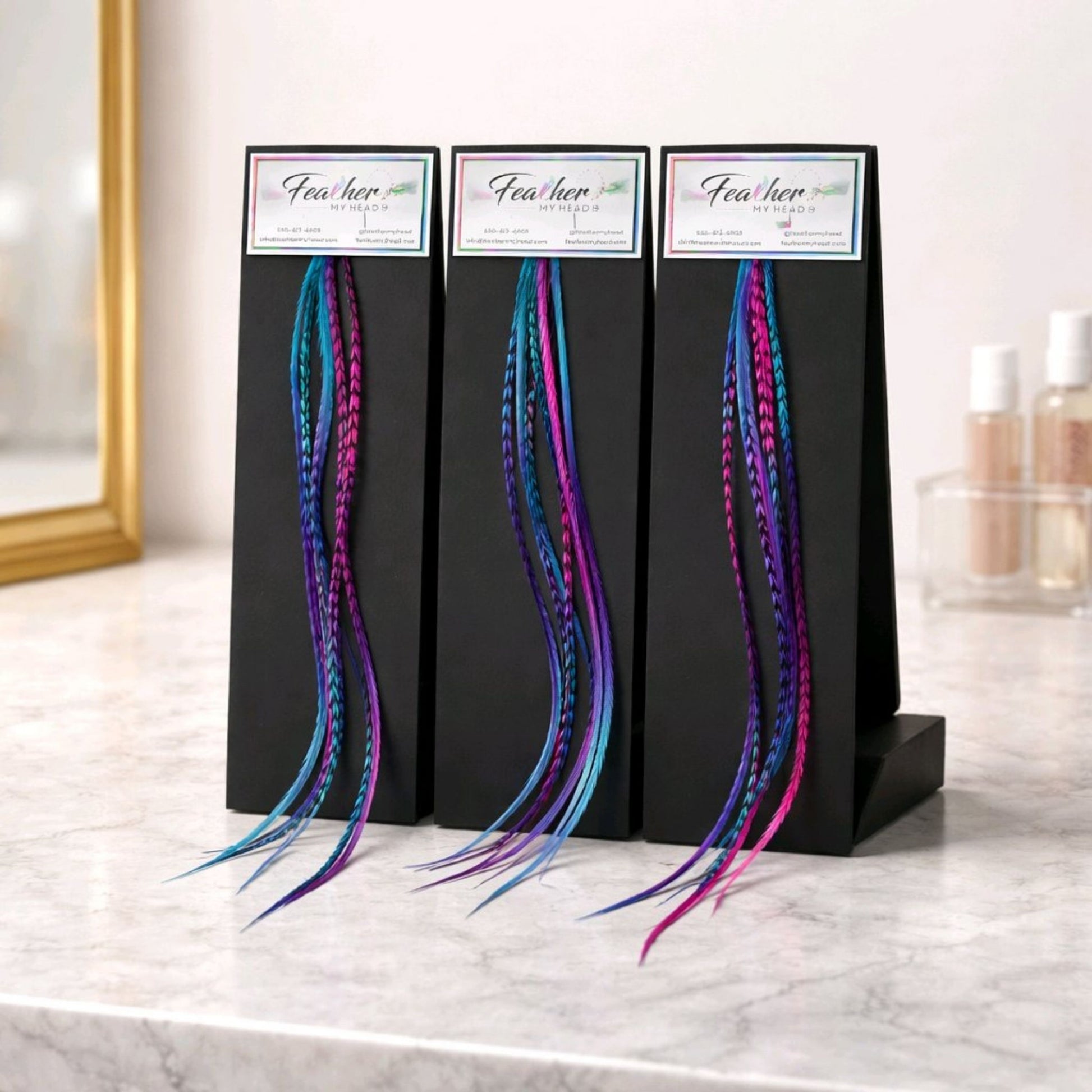 summer breeze hair feathers on black cardstock long ombre feather extensions premium packaging