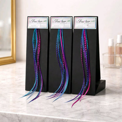 summer breeze hair feathers on black cardstock long ombre feather extensions premium packaging