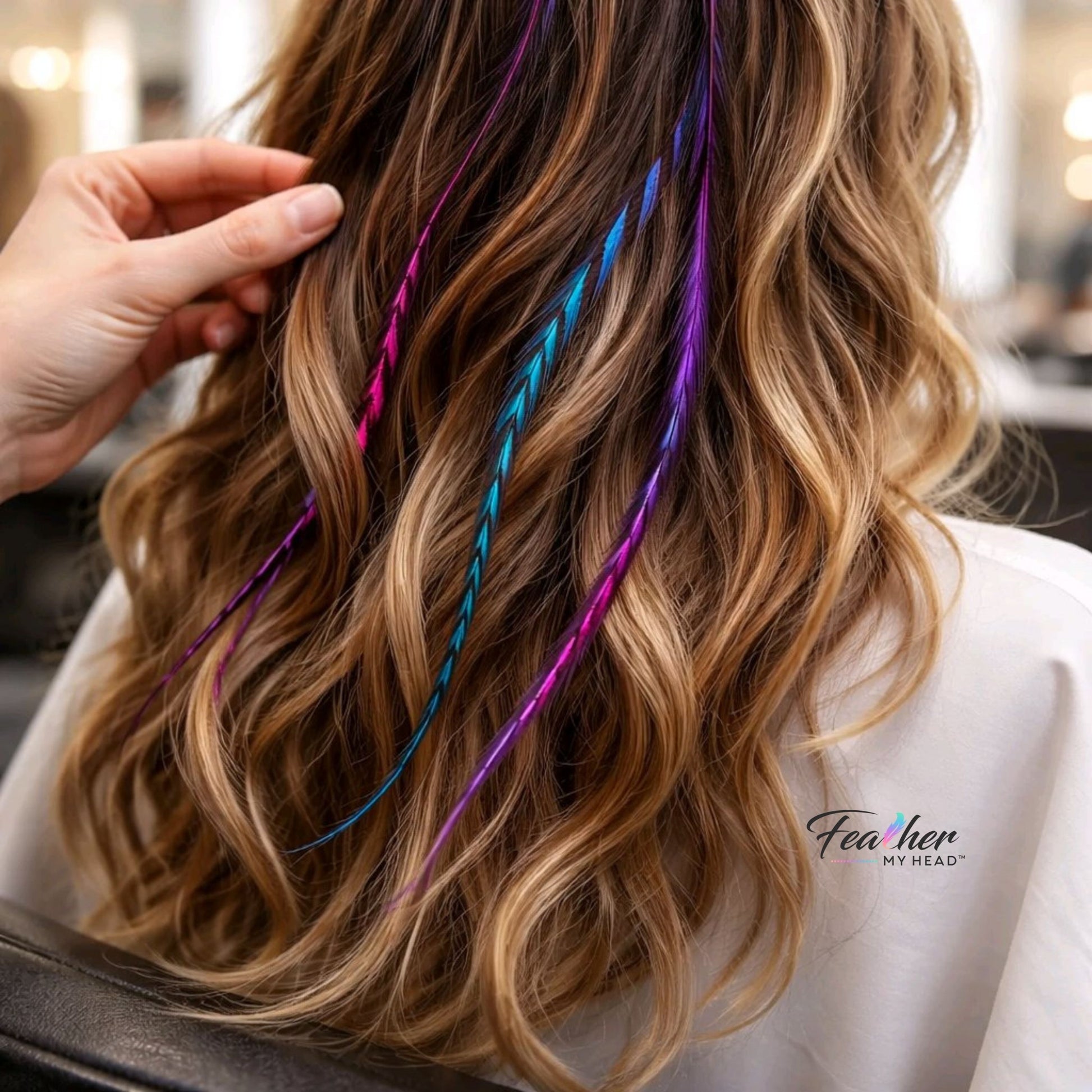 summer breeze feather hair extensions blended in hair soft ombre rainbow natural flowing feathers