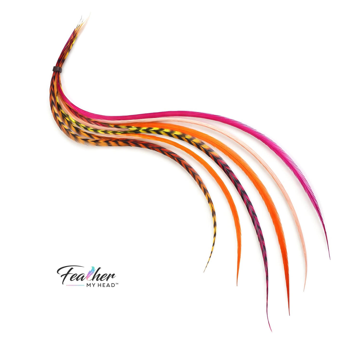 Festival-ready feather hair extensions in coral, pink, and golden yellow
