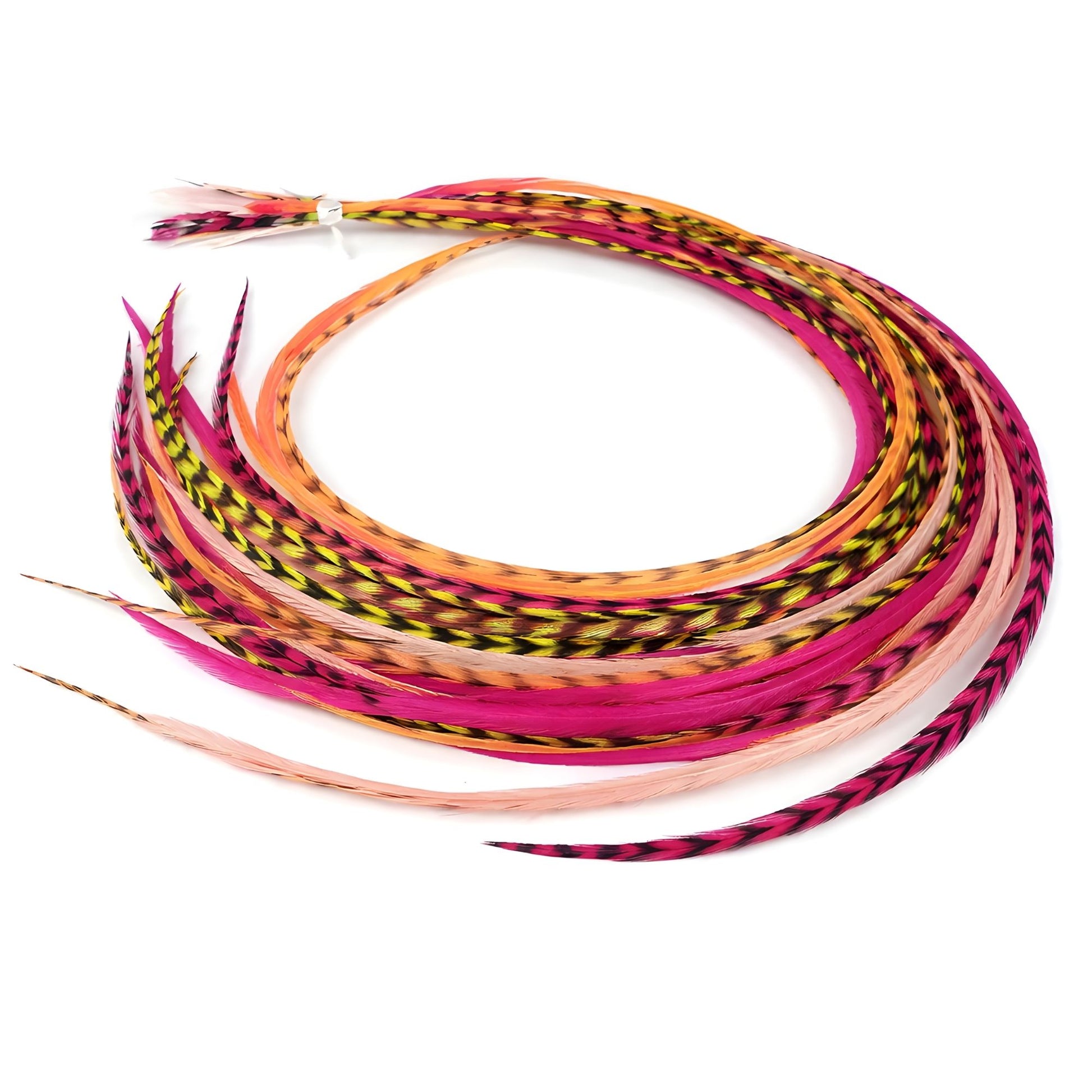 Tequila Sunrise feather hair extensions in coral, soft pink, and golden yellow tones