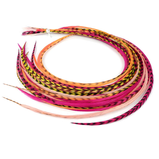 Tequila Sunrise feather hair extensions in coral, soft pink, and golden yellow tones