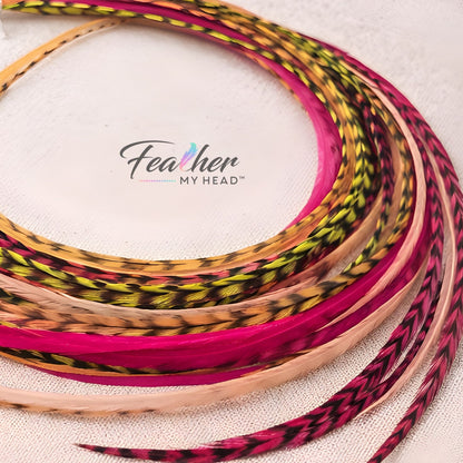 Long feather hair extensions with soft coral, pink, and yellow tones