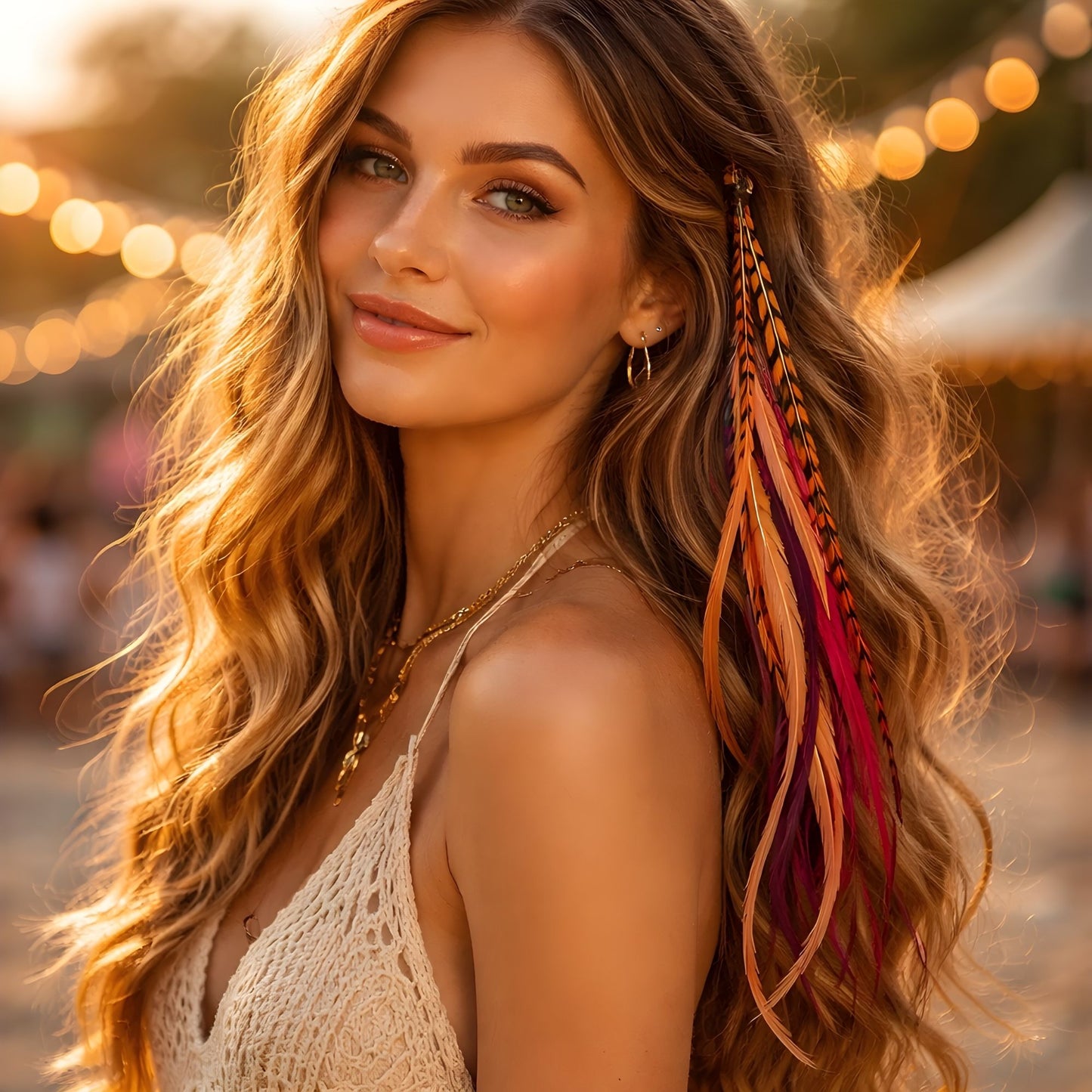 Festival-ready feather hair extensions in coral, pink, and golden yellow