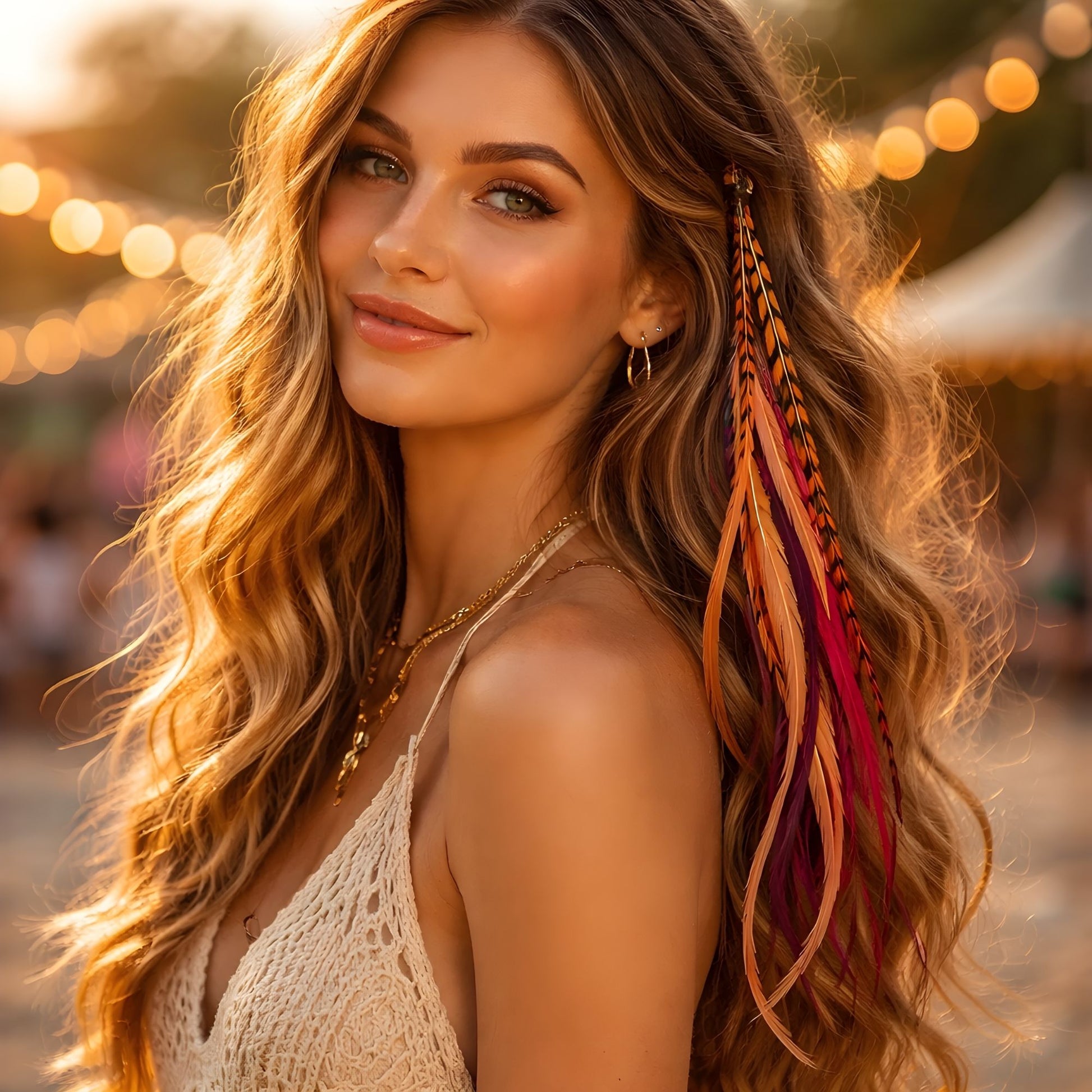 Festival-ready feather hair extensions in coral, pink, and golden yellow