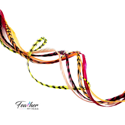 Heat-safe feather hair extensions in Tequila Sunrise color mix